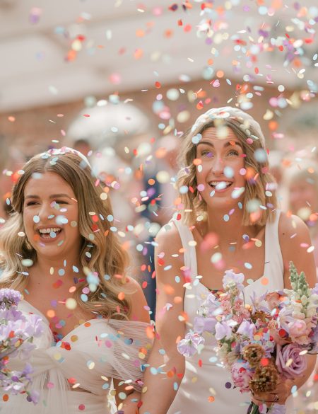 Radiant moment: Just-married brides, guided by celebrant Olivia, walk down the aisle, confetti showering their beaming faces with joy.