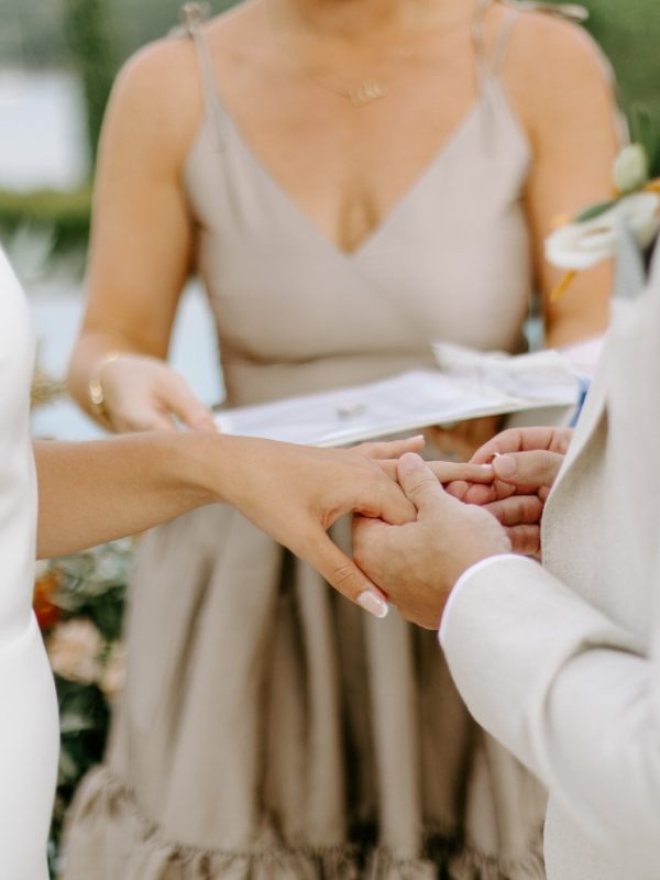 Christos placing wedding ring on Meghan's finger